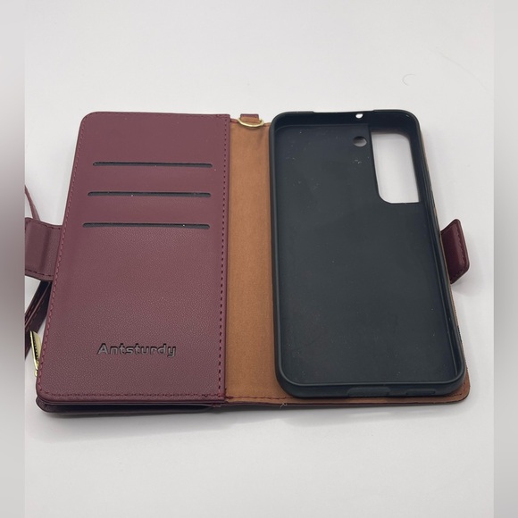 NIB Phone Case Samsung Galaxy S22+ Zipper Wallet Cover Leather Wine Red Color - Picture 2 of 8